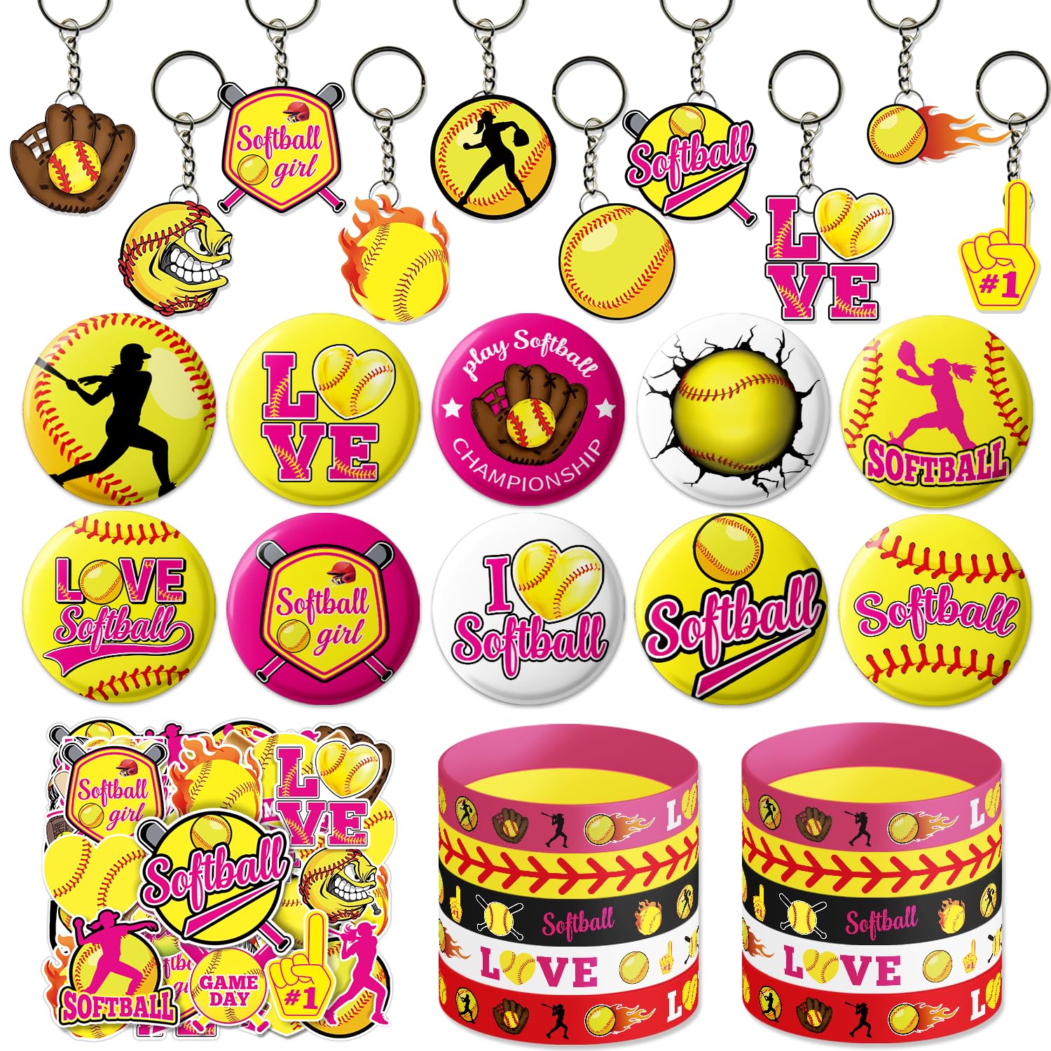 Photo 1 of M AMFEOV Softball Birthday Decorations, 80PC Softball Birthday Party Decorations Include 10 Bracelets,10 Button Pins,10 Keychains, and 50 Stickers, Fun Softball Themed Party Decorations