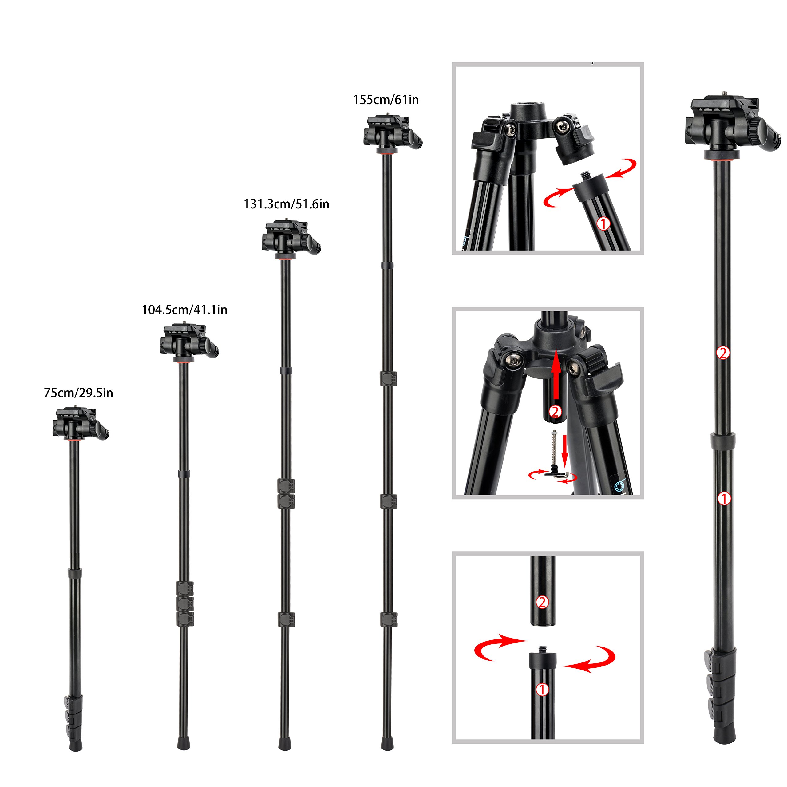 BONFOTO B73A 58” Portable Aluminum Alloy Lightweight Camera Travel Tripod and Monopod with Panorama Pan Head,Quick Release Plate and Carry Bag for Smartphones and Most DSLR Cameras with 1/4\