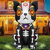 4 Ft Day of The Dead Inflatables Outdoor Sugar Skull Dog with Built-in LEDs | Dia De Los Muertos Decorations Outdoor Halloween Blow Up Yard Decorations for Lawn Garden Calaveras Day of The Dead Decor