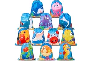 12 Packs Ocean Party Supplies Favor Drawstring Bags Colorful Ocean Fish Backpack Bag Cartoon Sea Animal Birthday Goodie Bags 