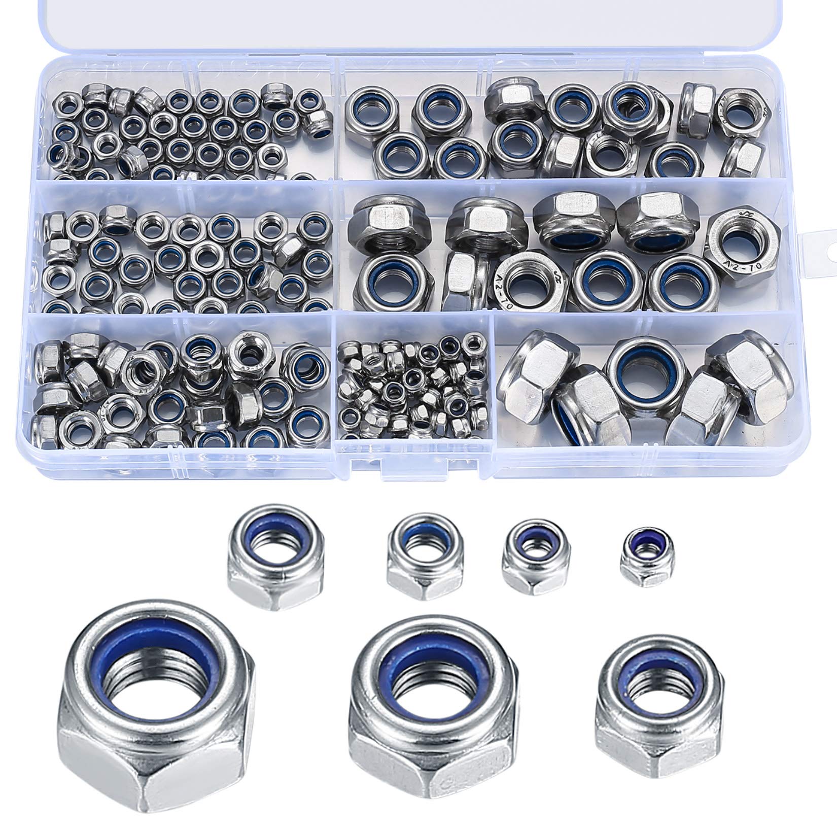 165 Pcs Locknut Assortment, Stainless Steel Lock Nuts, M3 M4 M5 M6 M8 M10 M12 Threaded Inserts Hex Nut Set, Assorted Nylon Locking Nuts