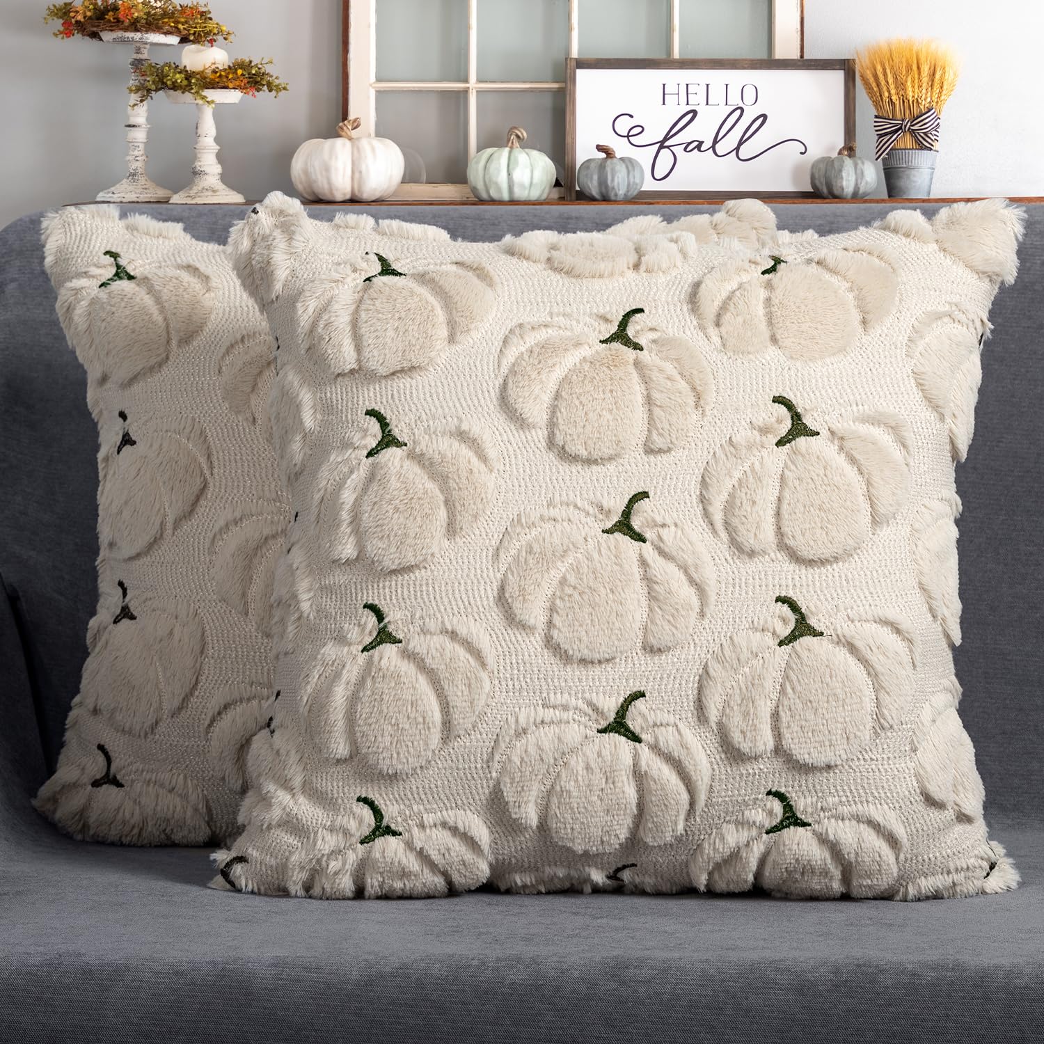 Fall Pillow Covers 18x18 Set of 2 Beige Pumpkin Decorations for Home