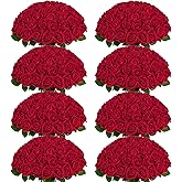 BLEUM CADE 200 Pcs Red Roses Artificial Flowers, Real Touch Velvet Roses Bouquet Fake Flowers Bulk, Artificial Roses with Long Stems for Valentines Day Gift DIY Bridal Wedding Centerpiece Decorations
