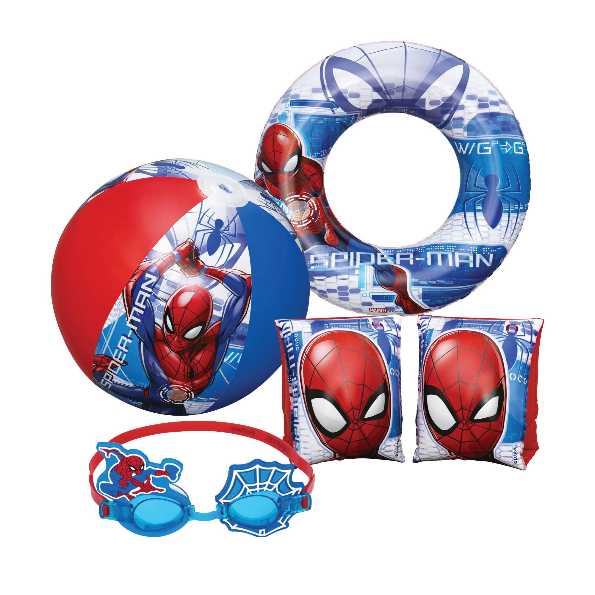 Bestway Spiderman Swimming Pool Set, Bundle of 20" Beach Ball, Arm Bands, Googles & Swim Ring Tube for Swimming Pool Activities, Water Park, Beach Games