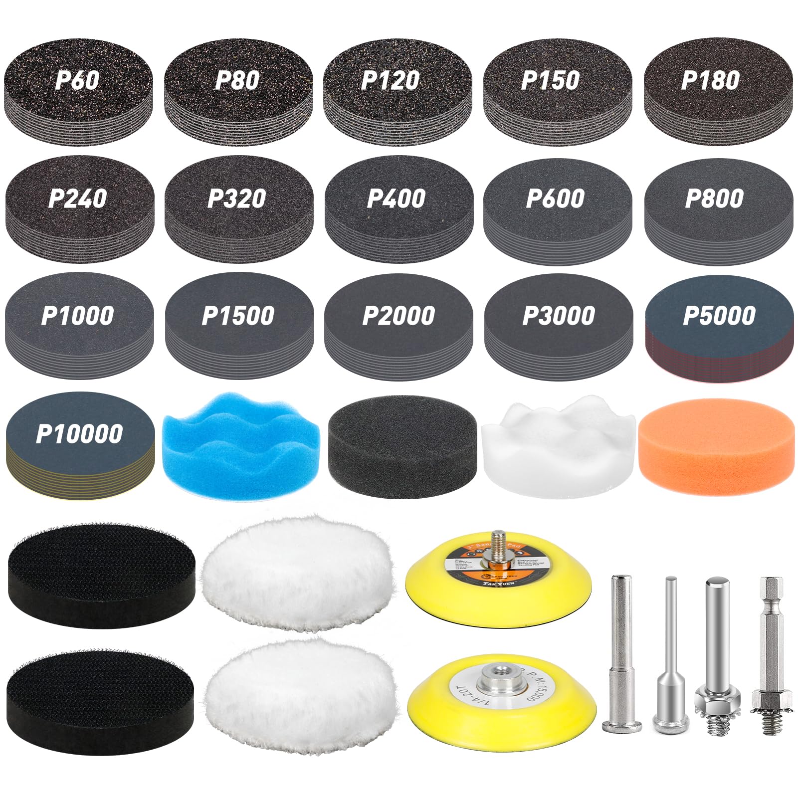 Photo 1 of Pukamam 174 PCS 3 Inch Wet Dry Sanding Discs Grit 60 80 120 150 180 240 320 400 600 800 1000 1500 2000 3000 5000 10000 Hook and Loop for Drill Sanding Attachment