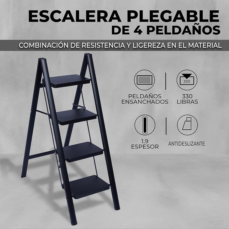 Escalera Plegable 4 Peldaños, Escaleras Decorativa, Peldaños Anchos Antideslizantes, Ideal para Uso en Hogar, Cocina y Oficina, Fácil de Guardar y Transportar, Resistente (Negro, 4 Peldaños)