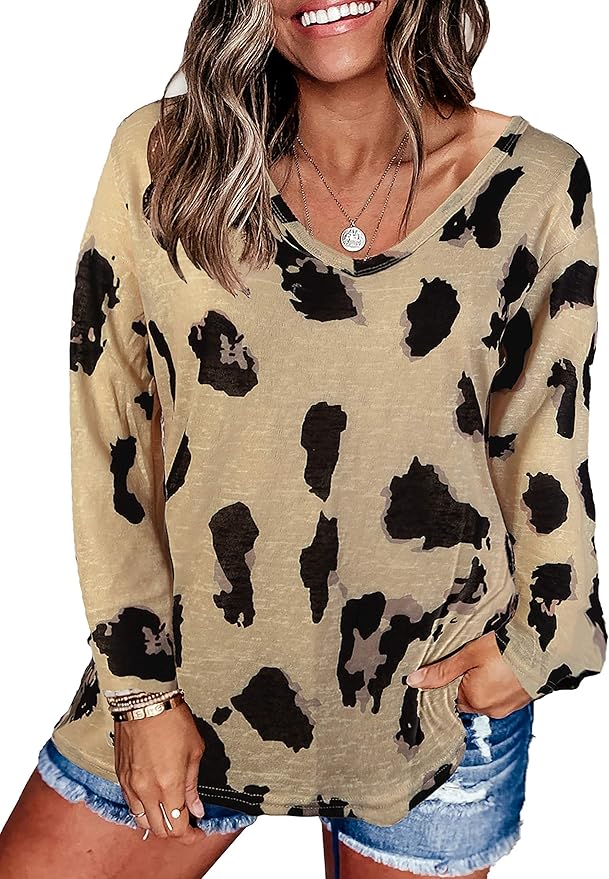 ASALWAYS Damen Leopard Print Top VAusschnitt Bluse Langarm