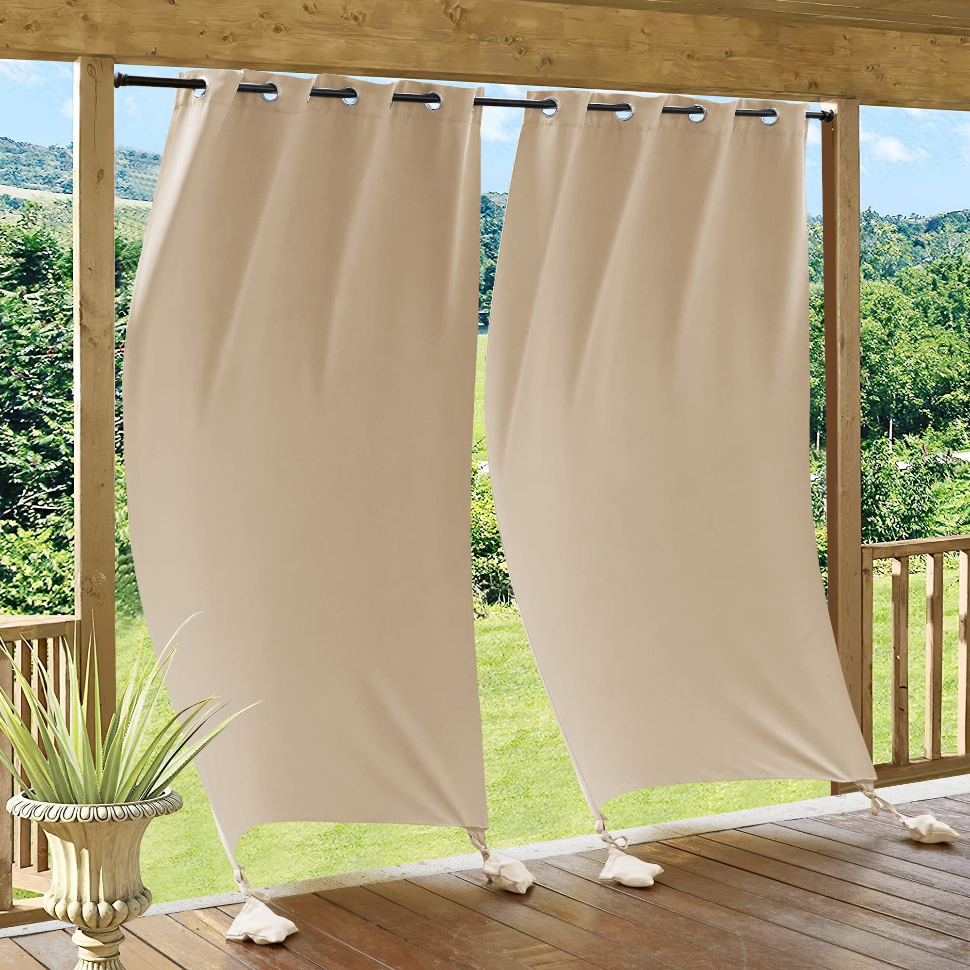 PONY DANCE Anti-fly Curtains Outdoor Curtains Porch Outdoor Curtain with Eyelets Waterproof Curtain 2 Pieces, 132 x 240 cm, Dark Beige