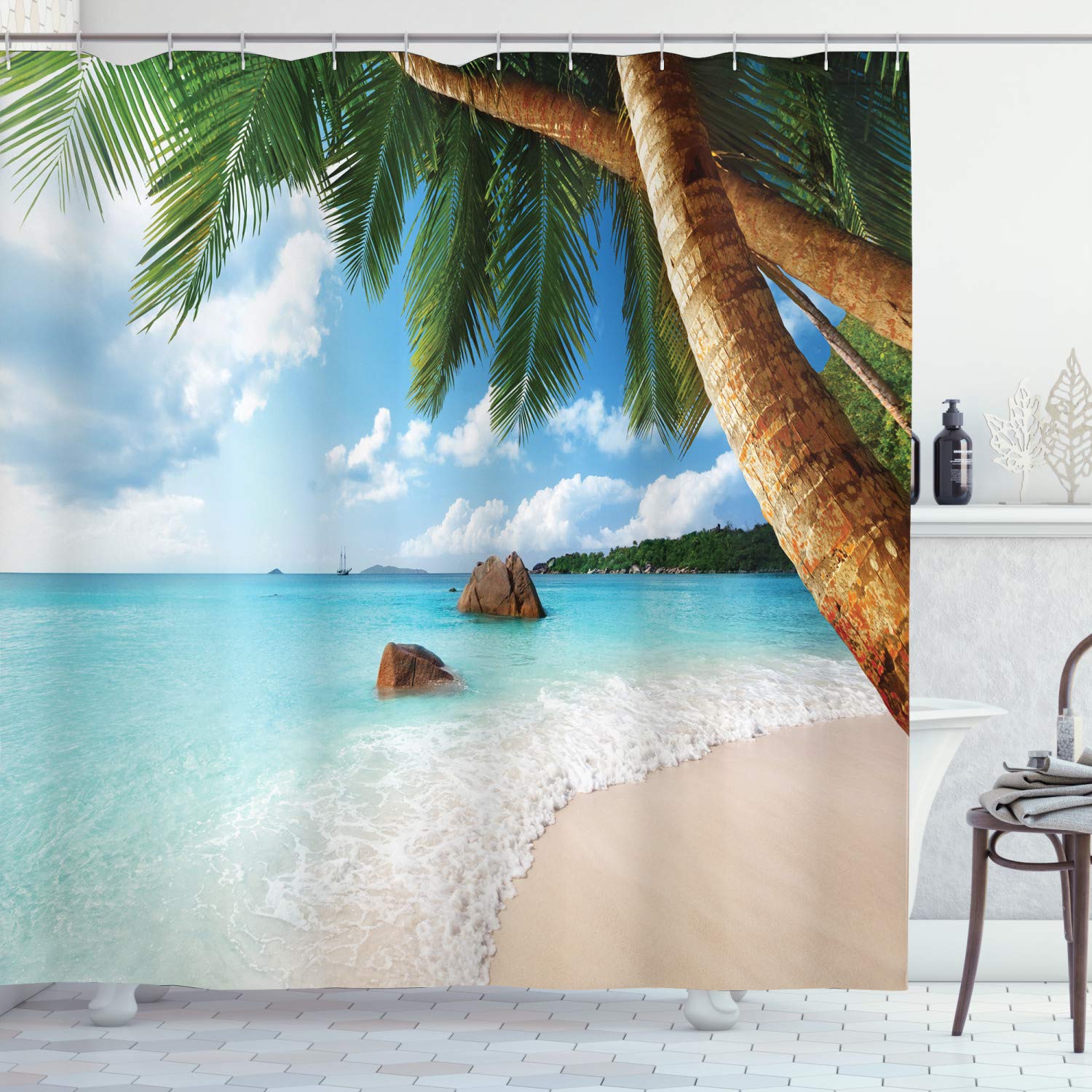 ABAKUHAUS Beach Shower Curtain, Green Palm Trees Clear Blue Water Sandy Exotic Seashore Rocks and Hills in Distance, Cloth Fabric Bathroom Decor Set with Hooks, 70 Inches, Multicolor — image 1