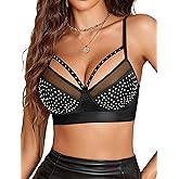 Avidlove Sexy Bras for Women Rhinestone Wireless Bralettes Lace V Neck Wirefree Bra Strappy Rave Outfit NO Padded