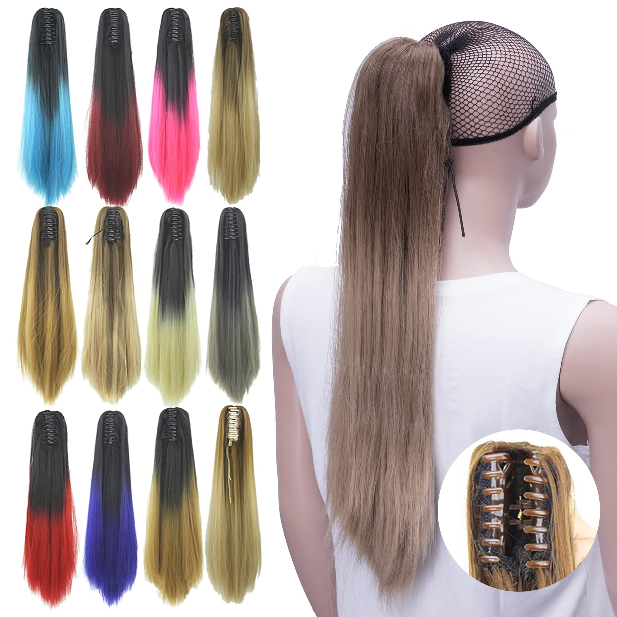 IMISSU Straight Clip on Hairpiece Extensions Pony Tail Clip Claw Ombre Ponytail Hair Pieces (Ombre Dark Brown)