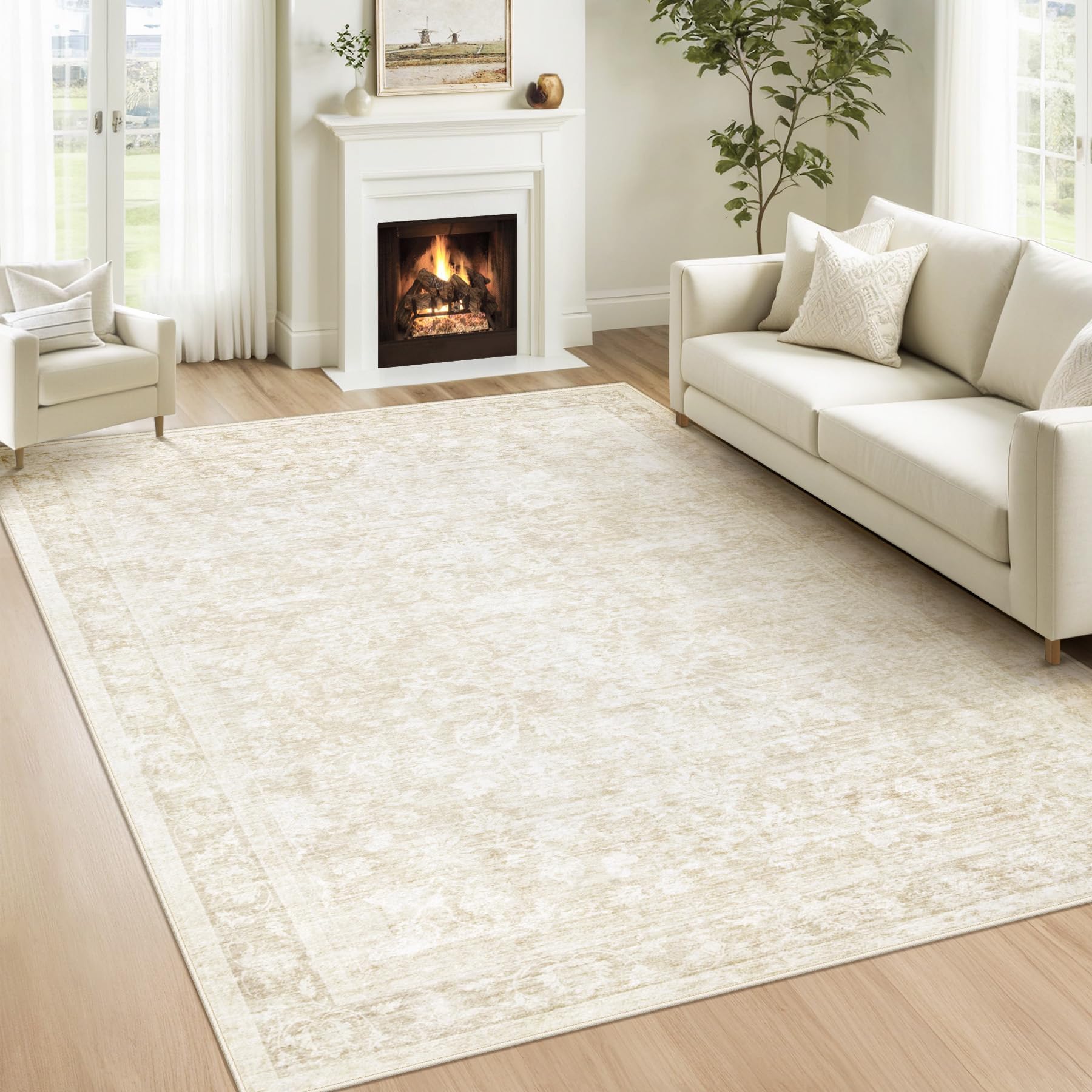 Photo 1 of 6x9 Area Rugs for Living Room: Washable Vintage Floral Rug Low Pile Non-Slip Boho Carpet for Bedroom Nursery Dining Room (Beige, 6'x9')
