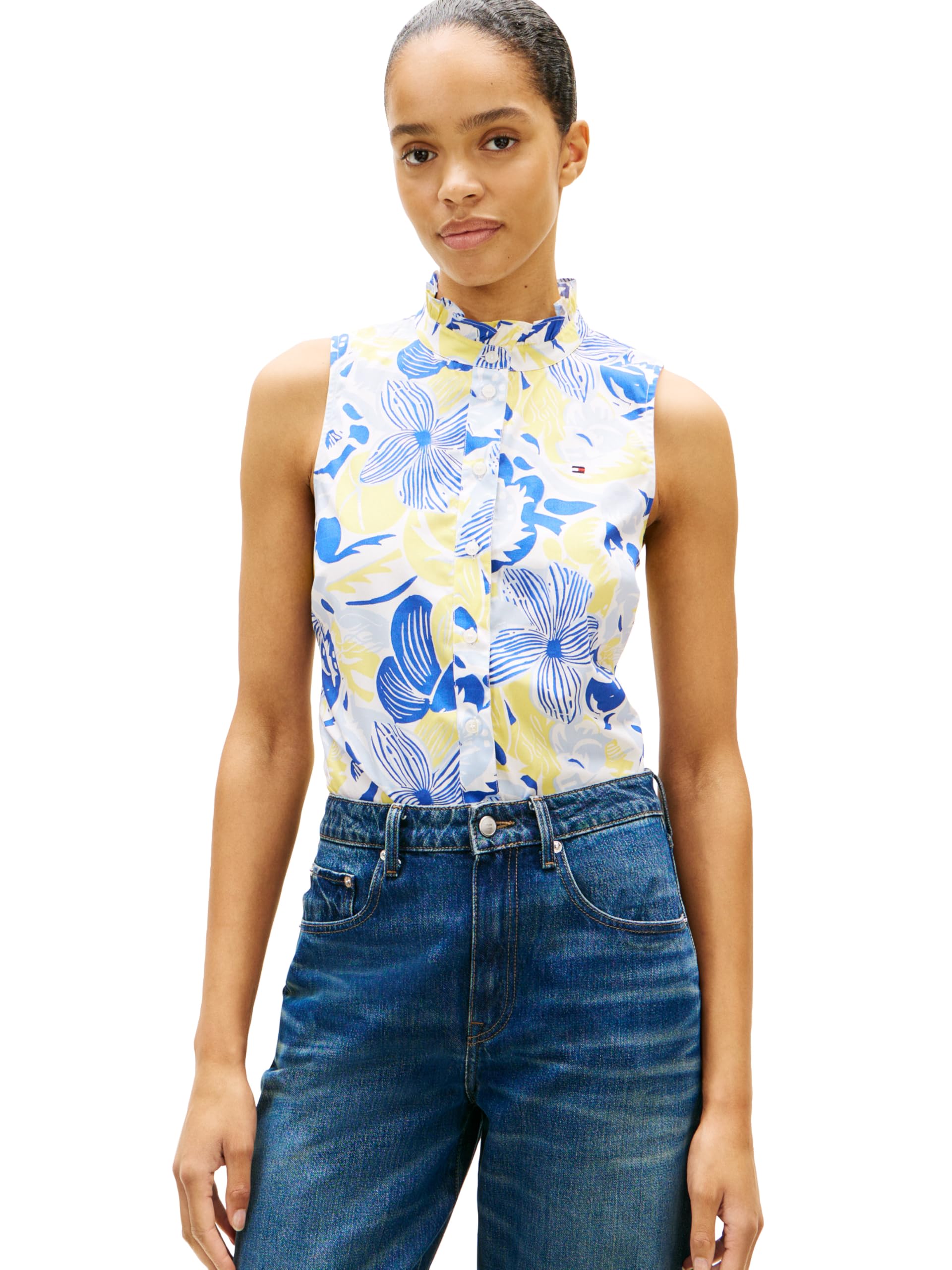 Tommy Hilfiger Women’s Poplin Frill Sleeveless Button Up Shirt, Spring Garden Blue Orbit/CITRONELLA X-Small