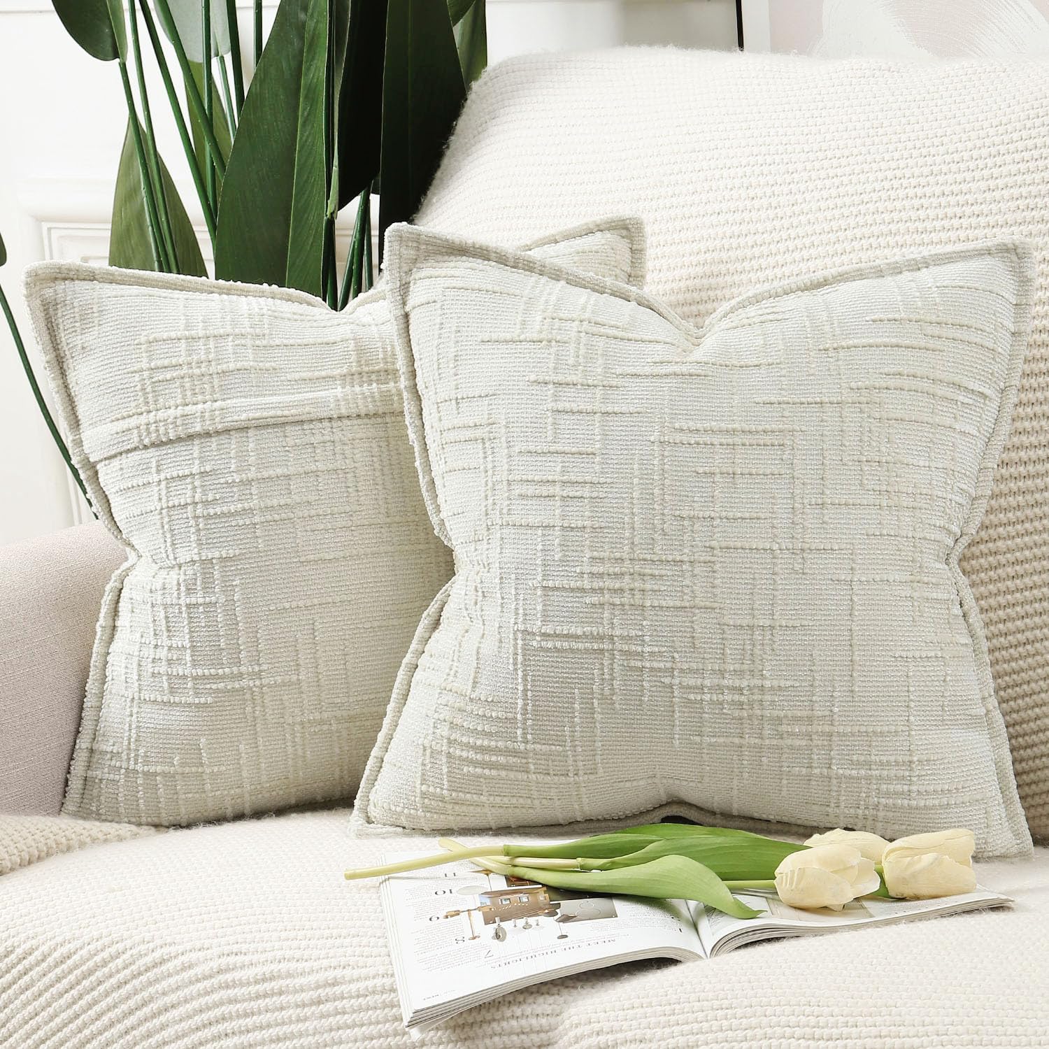 Photo 1 of MADIZZ Pack of 2 Chenille Throw Pillow Covers 20x20 Inch Cream White Soft Neutral Decorative Throw Pillows for Couch Sofa Boho Accent Cushion Covers Modern Farmhouse Home Decor for Bedroom Living Room