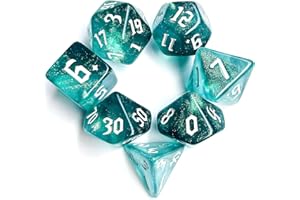 QIAN SIMAI Polyhedral Dice Set, 7-Piece Translucent Teal with Glitter, White Numbers for DND