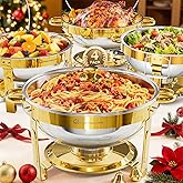 WARMOUNTS Gold Chafing Dishes for Buffet 4 Pack, 5QT Stainless Steel Round Chafers and Buffet Warmers Sets with Glass Lid & Lid Holder, Stackable Design, for Catering Events, Parties, Weddings