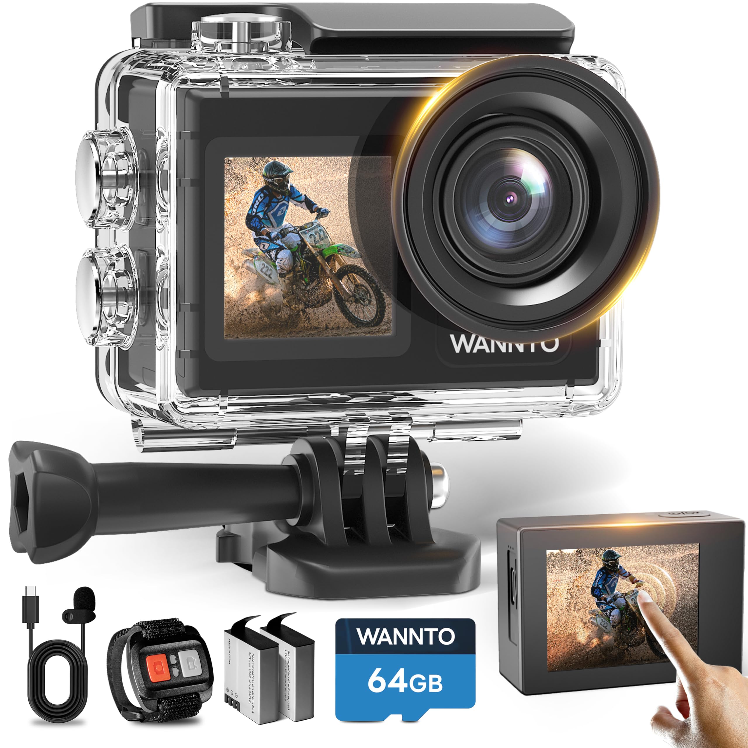 WANNTO Action Camera 5K 24MP Motion 5 Pro, WiFi EIS 170° Wide Angle Dual Screen 40M Waterproof Underwater Camera for Snorkeling, with External Microphone, Charger (With 64GB microSD Card)