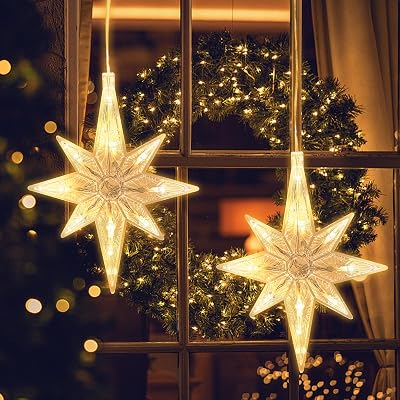 Jsdoin LED Christmas Window Light 2pc Stars with Timer Warm White Curtain Lights
