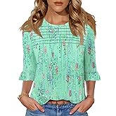Blingfit Womens Tops 3/4 Length Sleeve Dressy Casual Shirts Bell Sleeve Front Pleated Fasion Trendy Summer Blouses 2026