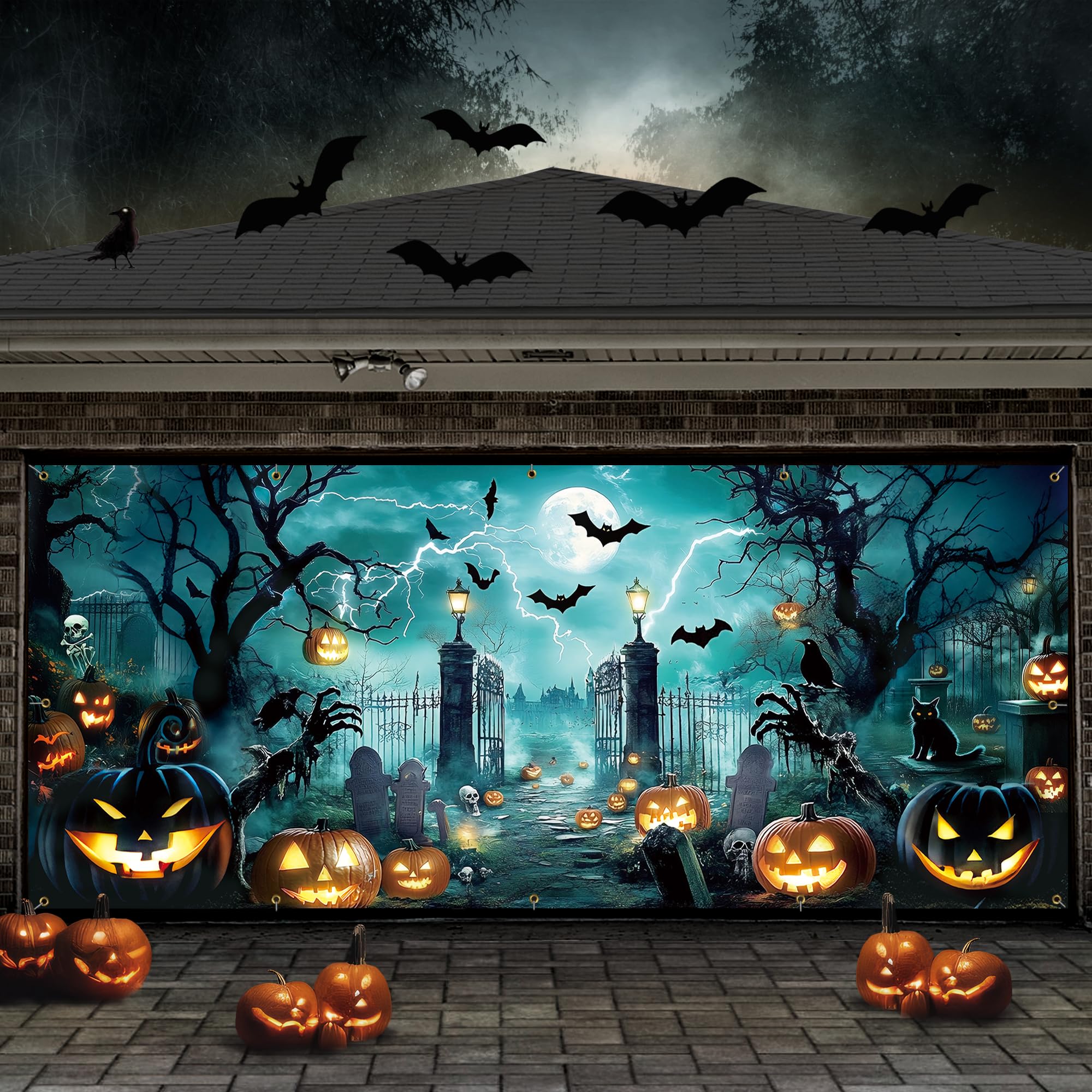 Photo 1 of DBPBToU Halloween Garage Door Cover Banner 16x7 ft, Halloween Garage Wall Decorations for Outdoor Home Yard Decor Party (Castles)