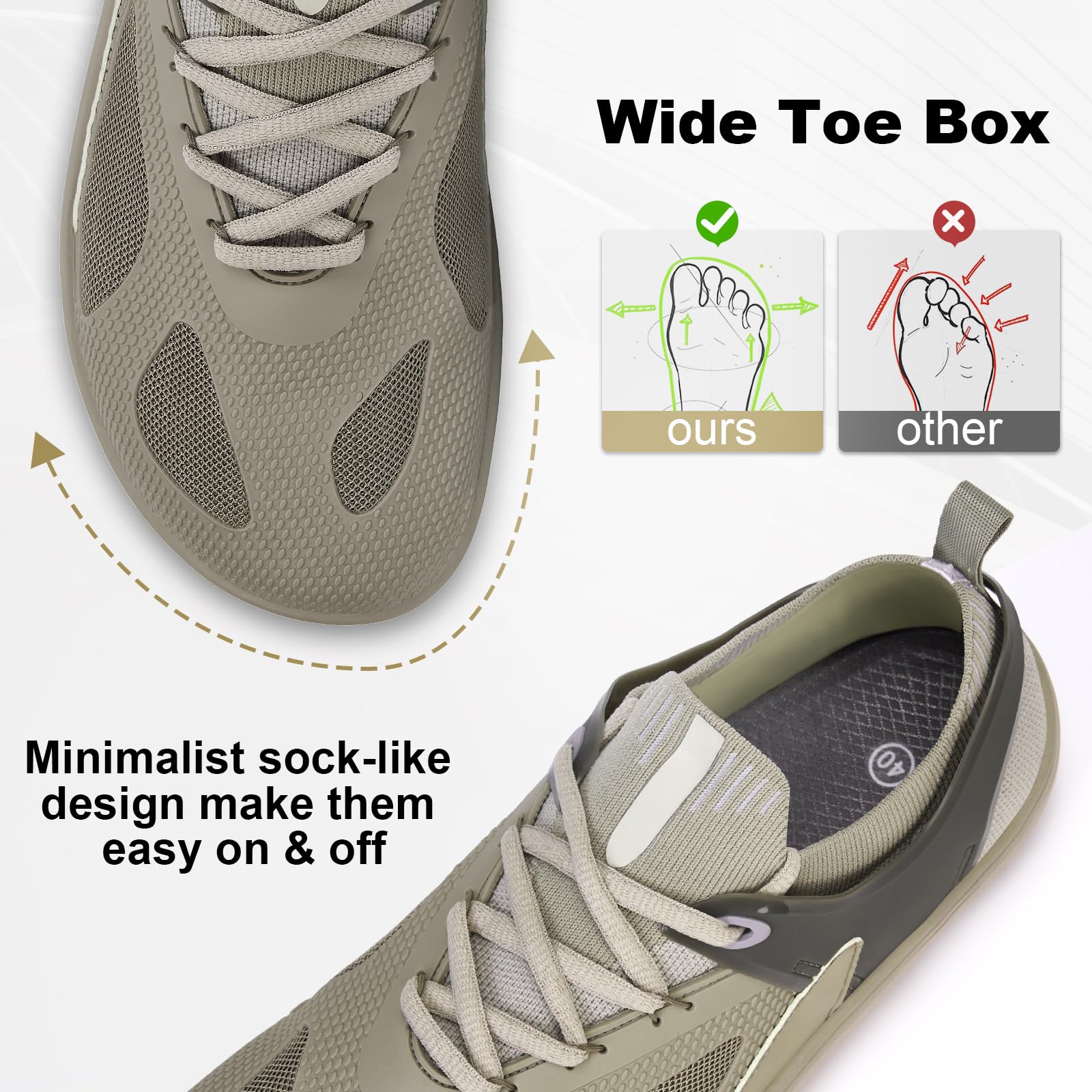 HiGropcore Barefoot Shoes for Men Wide Toe Box Zero Drop Arch Support Minimalist Gym Shoes Fashion Deadlift Cross Training Sneakers Green