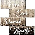 Huwena 4 Pcs Brown Bathroom Wall Decorations Modern Gradient Wood Wall Art Beige Bathroom Sign Relax Soak Unwind Breathe Geometric Golden Cubic Lines Hanging Sign for Home Living Room Toilet