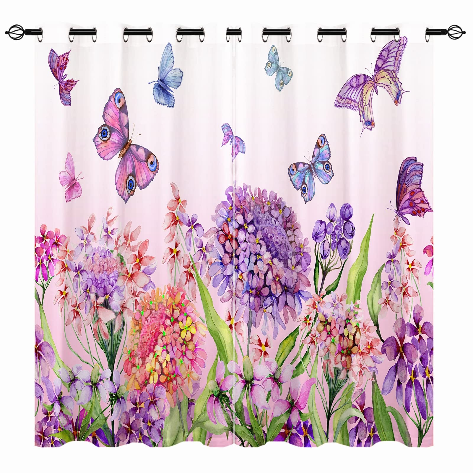 YUANZU Floral Curtains - Girls Summer Watercolor Flower Colorful Butterfly Print Pattern Eyelet Blackout Thermal Insulated Room Darkening Window Drapes for Bedroom Living Room 2 Panels W117cm x D183cm — image 1