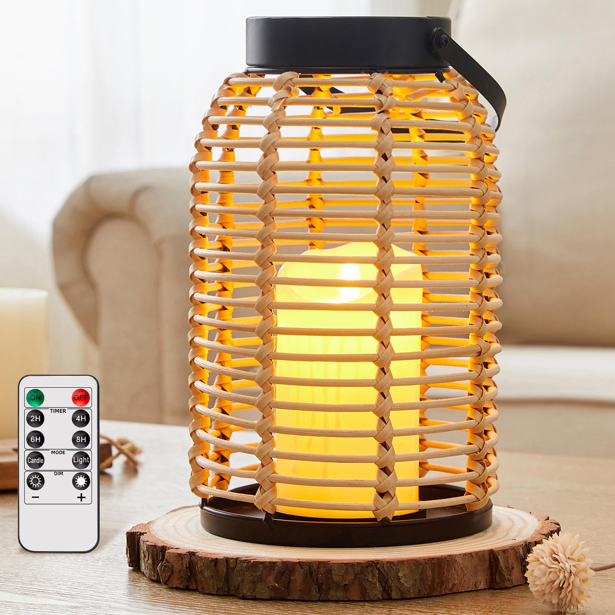 Photo 1 of Natural Rattan Lantern, Large Boho Lantern Decor with Flickering LED Candle and Remote Control for Living Room Table Decor, Indoor and Outdoor Hanging Lantern for Patio Lawn Porch Garden Yard