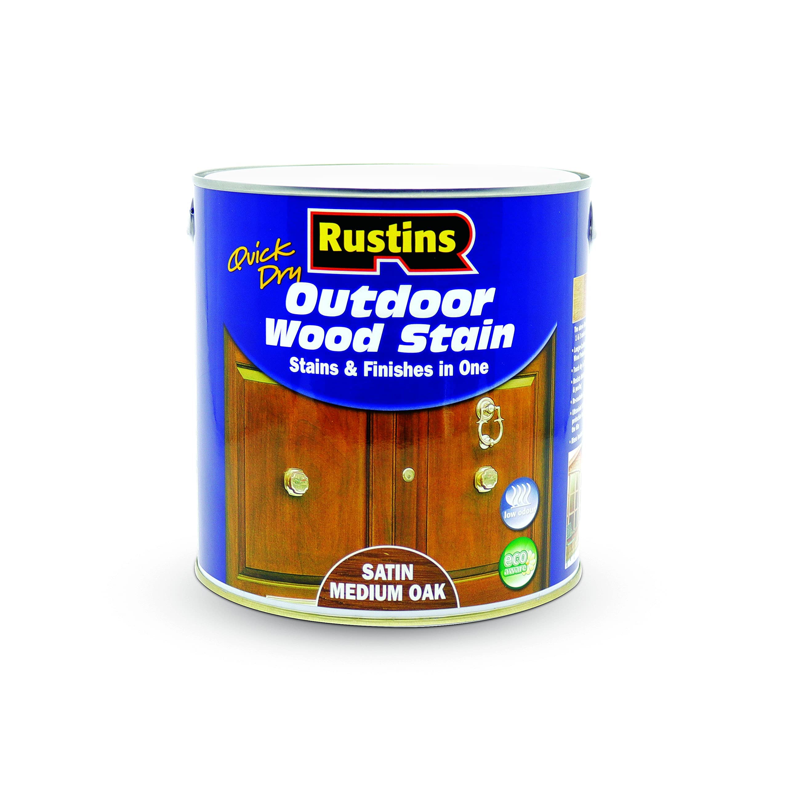 Rustins Quick Dry Outdoor Wood Stain Satin Medium Oak 2.5ltr- Durable and Weather-Resistant Finish, Fast Drying, Vibrant Color for Decks, Fences, & Furniture, Available in Many Wood Shades