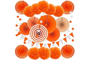 ZERODECO Party Decoration, 21 Pcs Orange Hanging Paper Fans Pom Poms Flowers, Garlands String Polka Dot and Triangle Bunting Flags for Minnie Mouse Birthday Parties Baby Showers Wedding