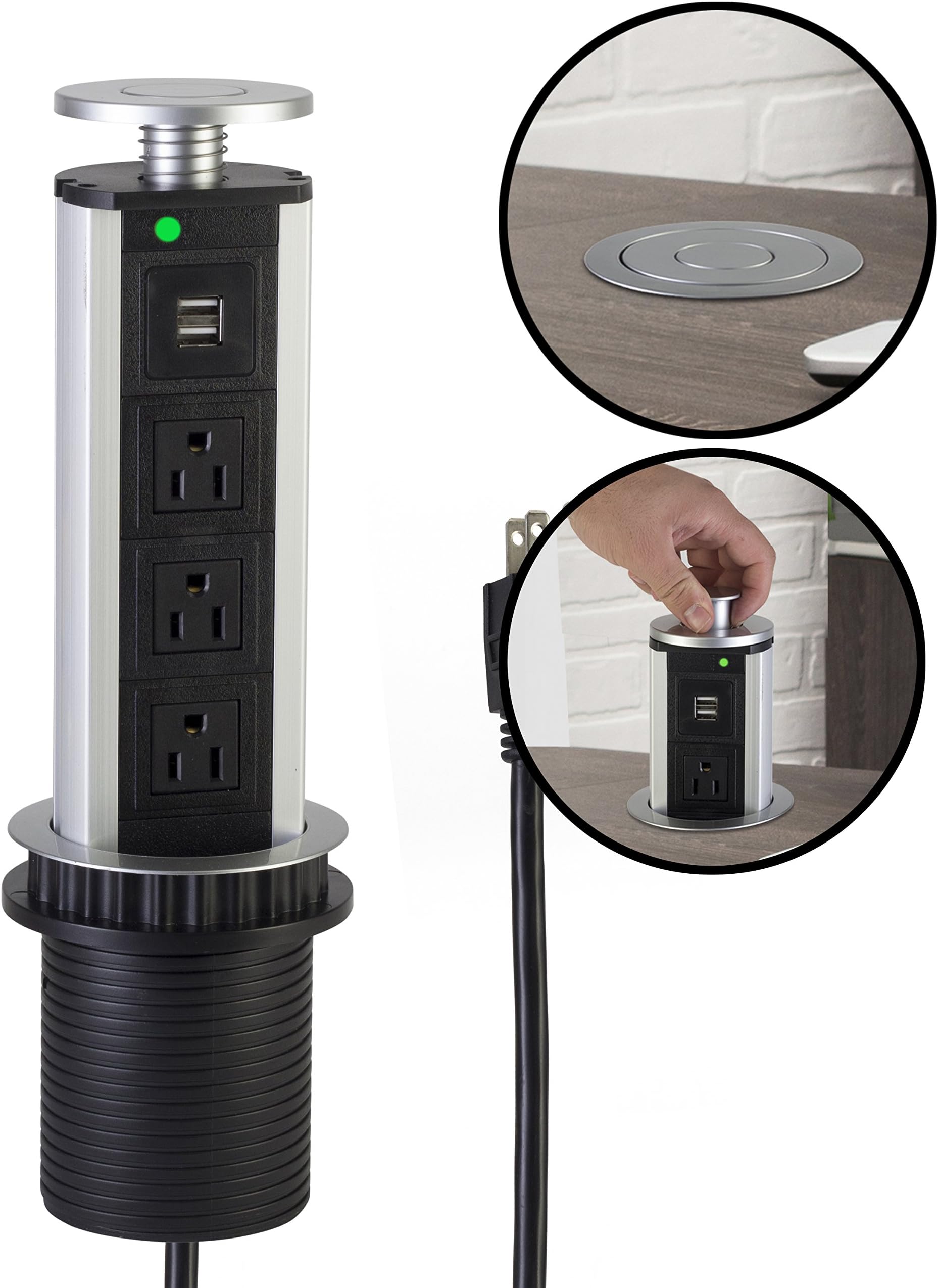 Retractable Pull Up Power Strip for Office Desks, Conference Tables and Counter Tops - 3 Outlets, 2 USB Sockets - Vertical or Horizontal Pop Out - By Zoomtech