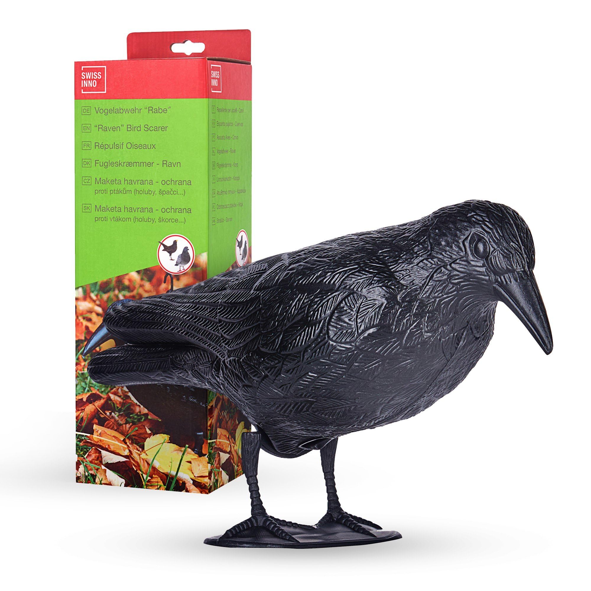 SWISSINNO Raven Bird Scarer – Decorative design and Reusable Bird Deterrent – Realistic Crow Decoy for Gardens Balconies and Roofs – Non-Harmful Visual Scare Device - No chemicals - No electricity