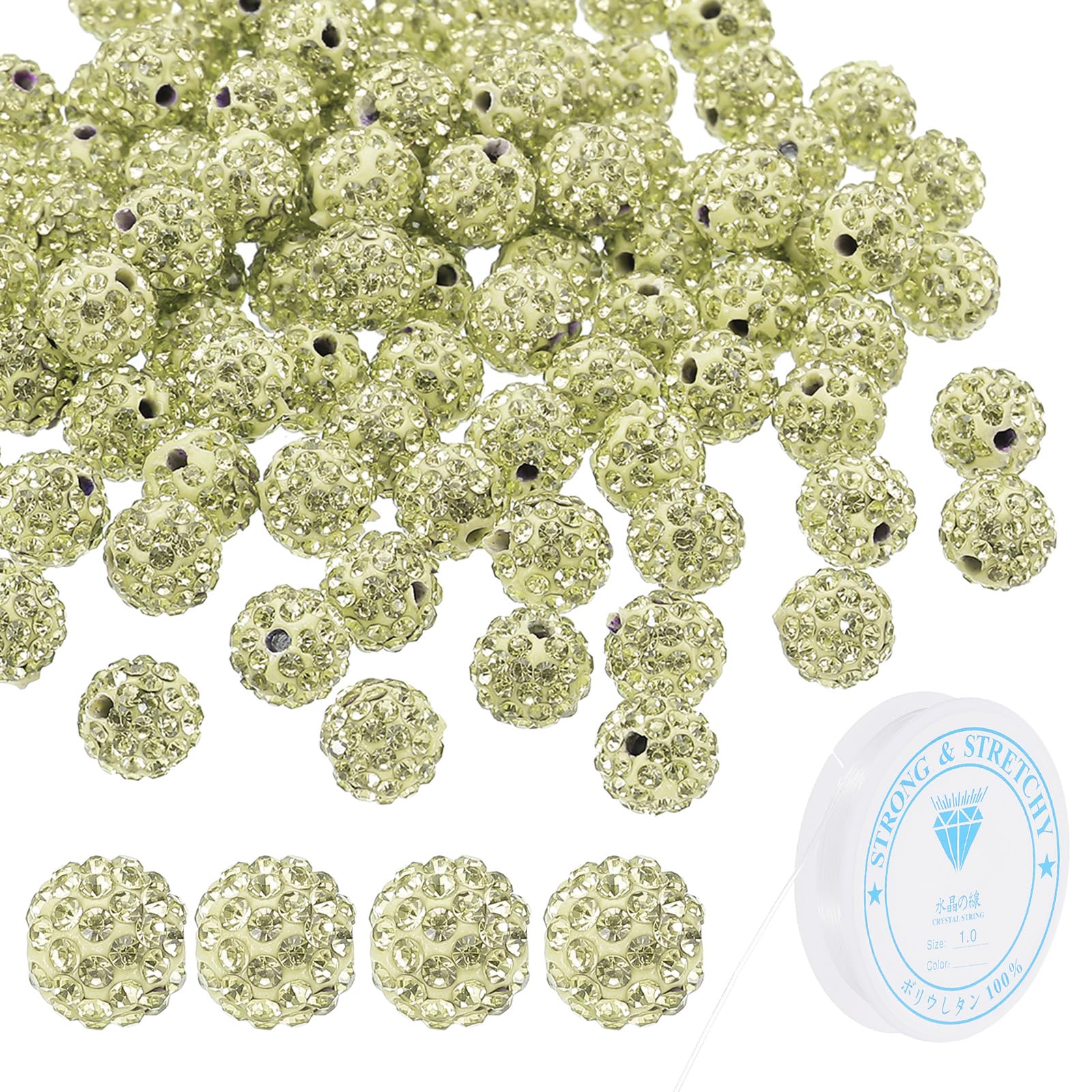PATIKIL 10mm Rhinestone Clay Beads for Jewelry Making, 120 Pack Round Ball Polymer Clay Crystal Charm Beads with Elastic String for Craft Decor Necklace Chain Bracelets DIY, Light Yellow