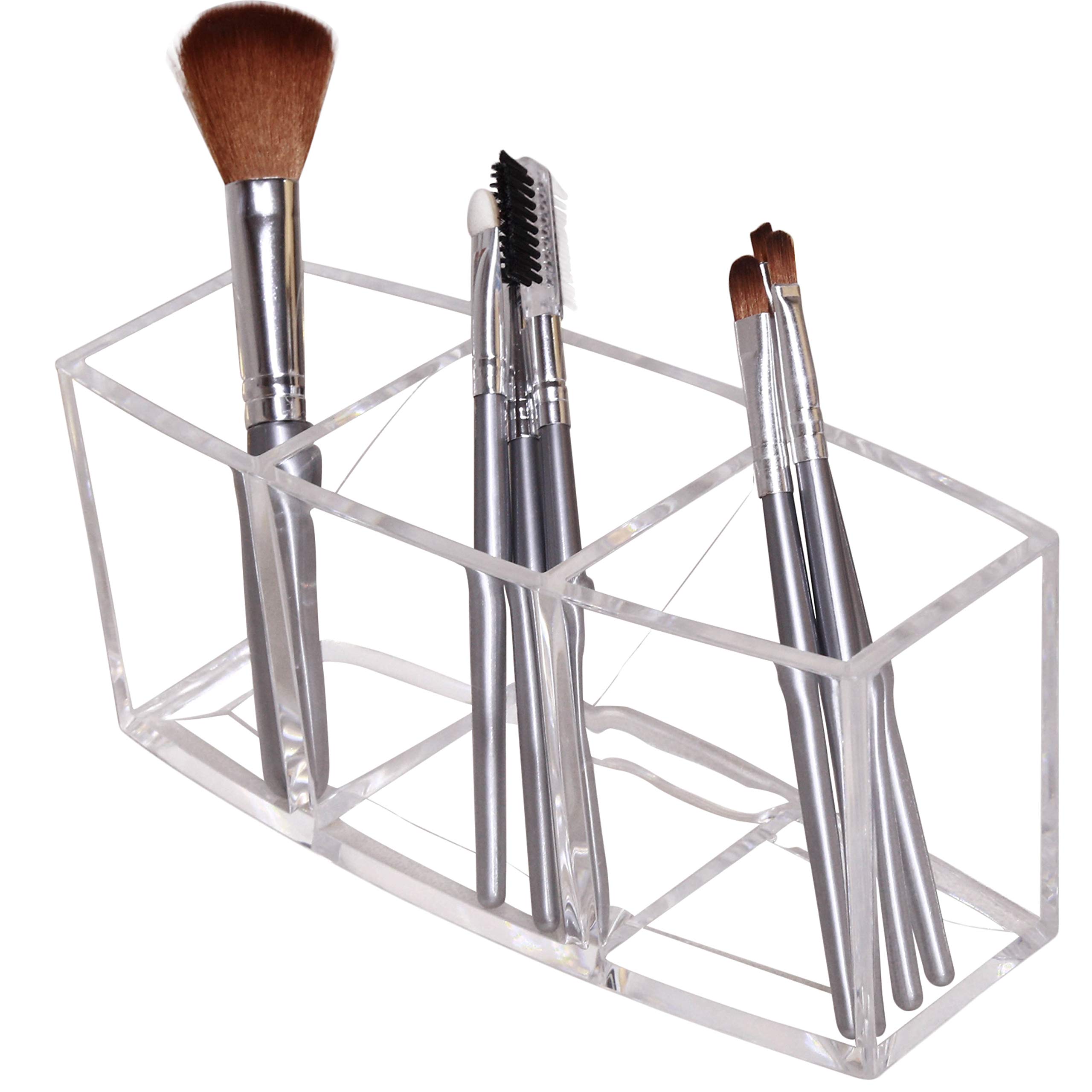 Dseap Makeup Brush Holder Organizer - Acrylic, 3 Compartments - Make up Brushes Holder, Makeup Brush Cup Container Storage Case, Clear