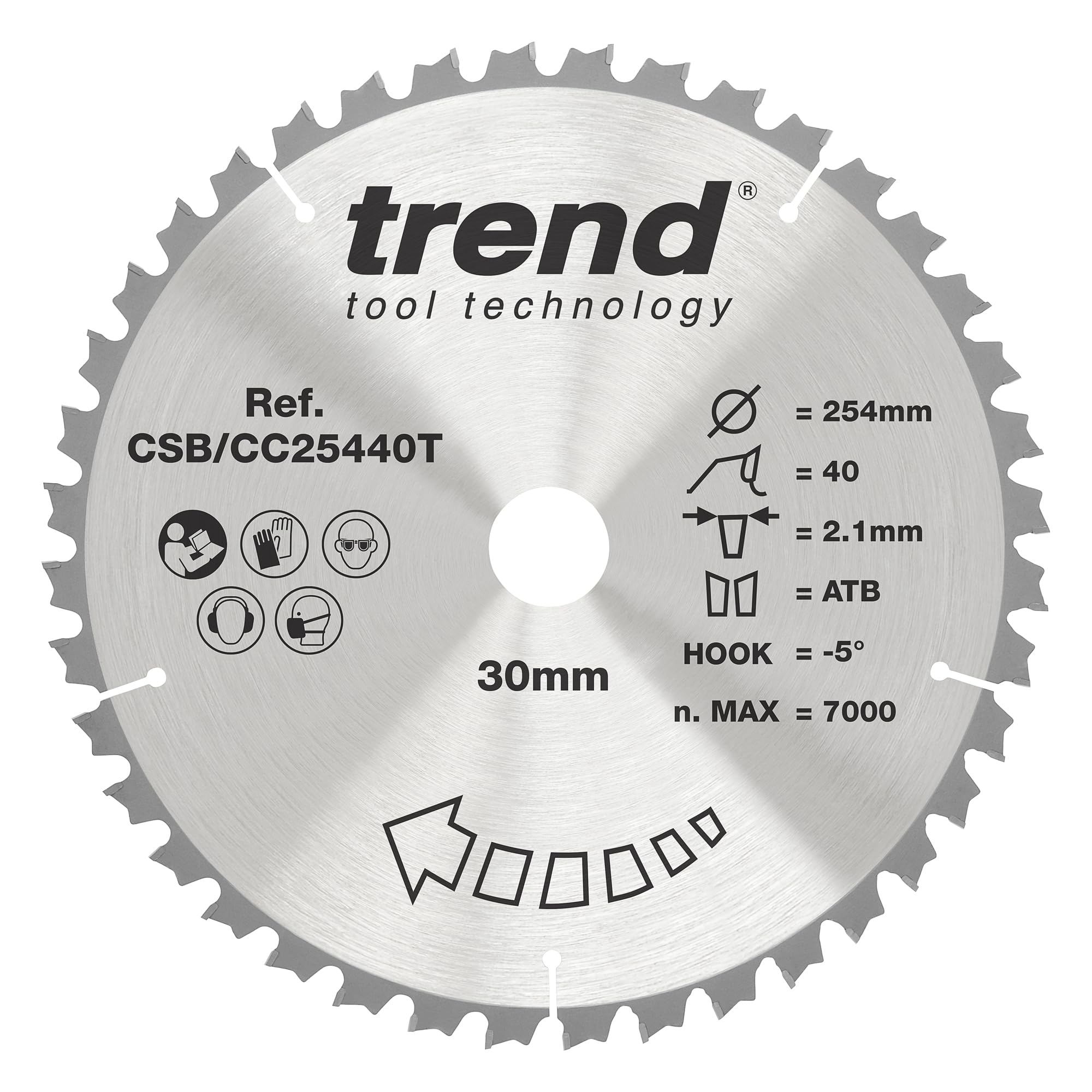 Trend Wood Cordless Mitre Saw Blade, 254mm Diameter, 30mm Bore, 60 Teeth, 2.1mm Kerf, -5° Hook, TCT, Fine Finish, CSB/CC25460T