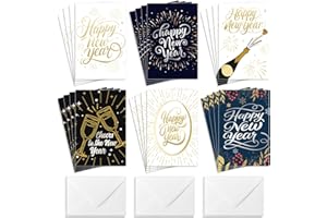 Frelimiu Happy New Year Cards with Envelopes,24 Pack Boxed Set,Classic Foil Holiday Greeting Cards Bulk with Printed Message Inside for Family,Friends