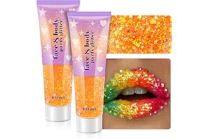 LINWULTE Face Glitter Gel, 2 Jars Holographic Chunky Glitter Makeup for Body, Hair, Face, Nail, Lip, Eyeshadow, Long Lasting Iridescent Chunky Glitter for Concert Festival Rave (Iridescent Orange)