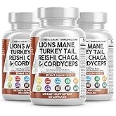Clean Nutraceuticals Lions Mane 20in1 Mushroom Supplement with Turkey Tail Reishi Cordyceps Chaga Maitake Meshima Poria Cocos Shiitake Oyster Porcini Enoki - 3Pack