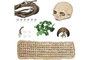 PINVNBY Bearded Dragon Tank Accessories,Reptiles Resin Human Skull Habitat Decor,Lizard Hammock Coconut Shell Hut Hideouts Cave Jungle Climber Vines Leaves Decorations for Chameleon Snake Spider Gecko