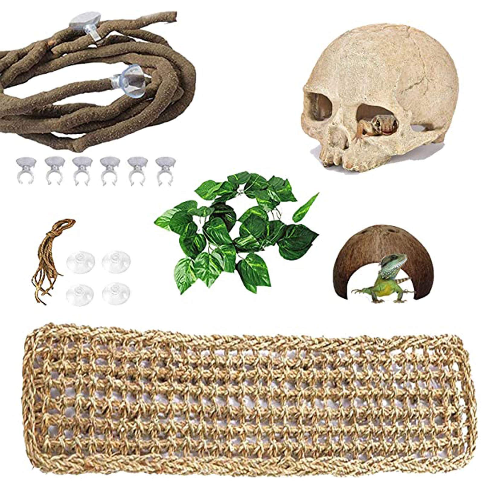 Photo 1 of PINVNBY Bearded Dragon Tank Accessories,Reptiles Resin Human Skull Habitat Decor,Lizard Hammock Coconut Shell Hut Hideouts Cave Jungle Climber Vines Leaves Decorations for Chameleon Snake Spider Gecko