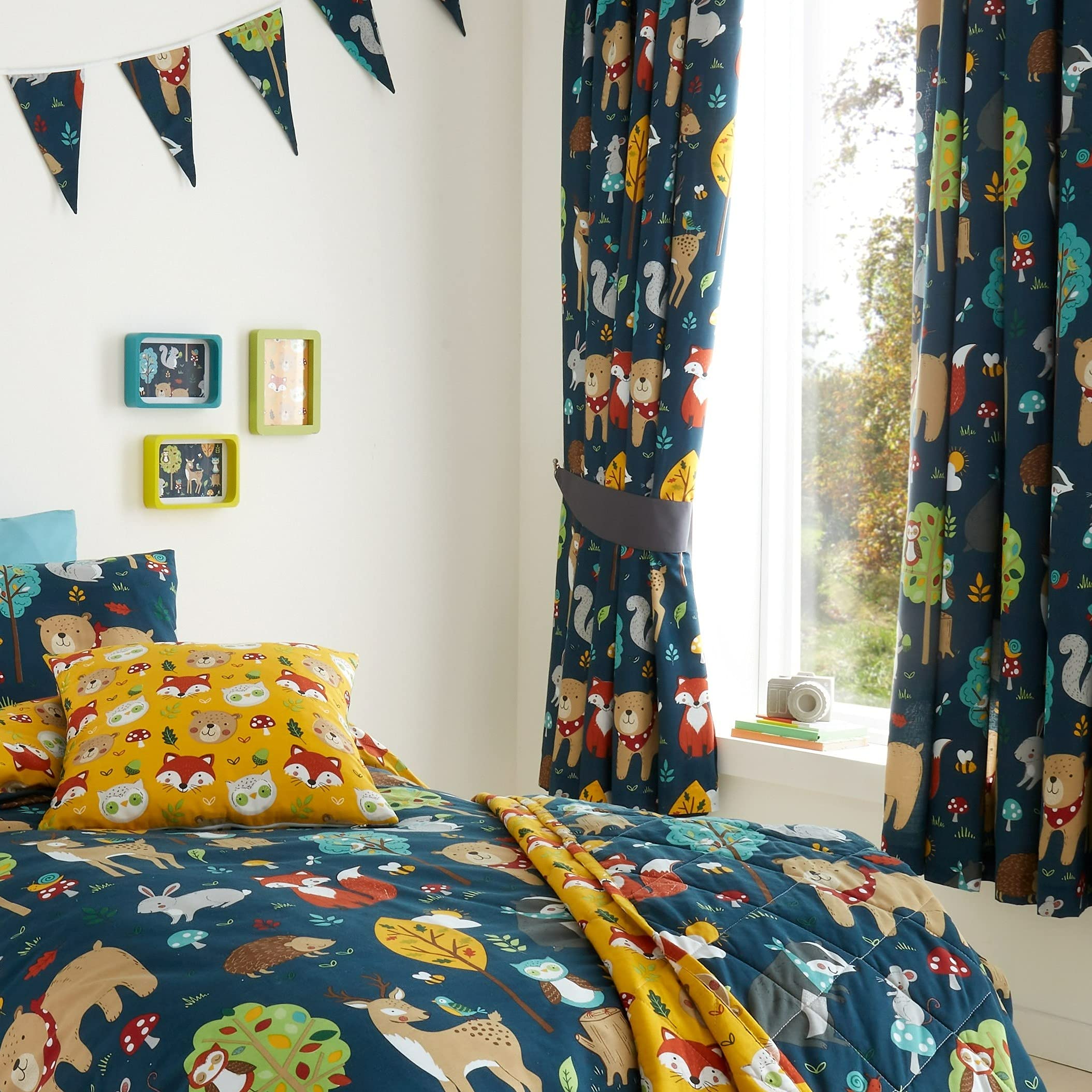 Happy Linen Company Girls Boys Kids Woodland Friends Animals Navy Blue 66" x 72" Ring Track Pole Fully Lined Pencil Pleat Curtain Set