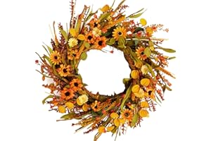 idyllic 20 Inches Harvest Wreath - Yellow & Orange Daisies, Ear of Wheat, Green Leaves - Fall Wreaths for Front Door Outside, Autumn Wreaths for Front Door, Fall Decor
