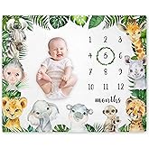 Yuzioey Safari Milestone Blanket, Jungle Animals Baby Growth Chart Monthly Blanket, Watch Me Grow Jungle Wild Baby Nursery for New Moms Shower(50"x40")