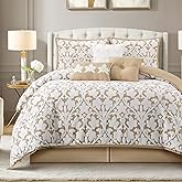 LANCO MODERN LIFESTYLE 7 Pieces Comforter Set, Queen, Khaki, Jacquard Floral Pattern and Classy Damask Medallion Design, Ultra Soft, Includes Bed Skirt, Shams, and Decorative Pillows