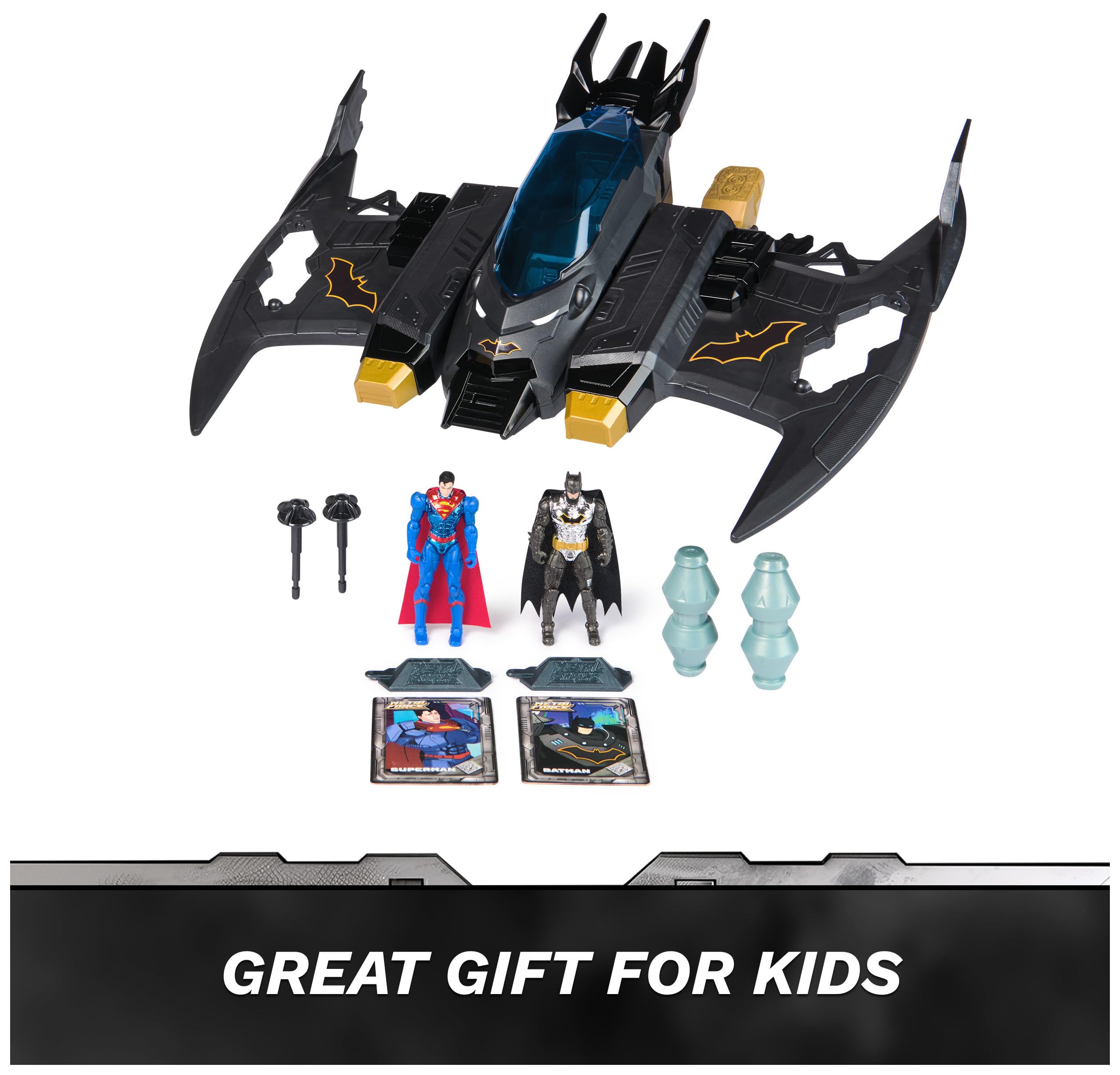 DC Comics, Metal Force Transforming Batwing, 2-in-1 Playset, Includes Batman and Superman Figures, with Projectiles and Character Cards, Kids Toy for Boys Ages 4 and Up