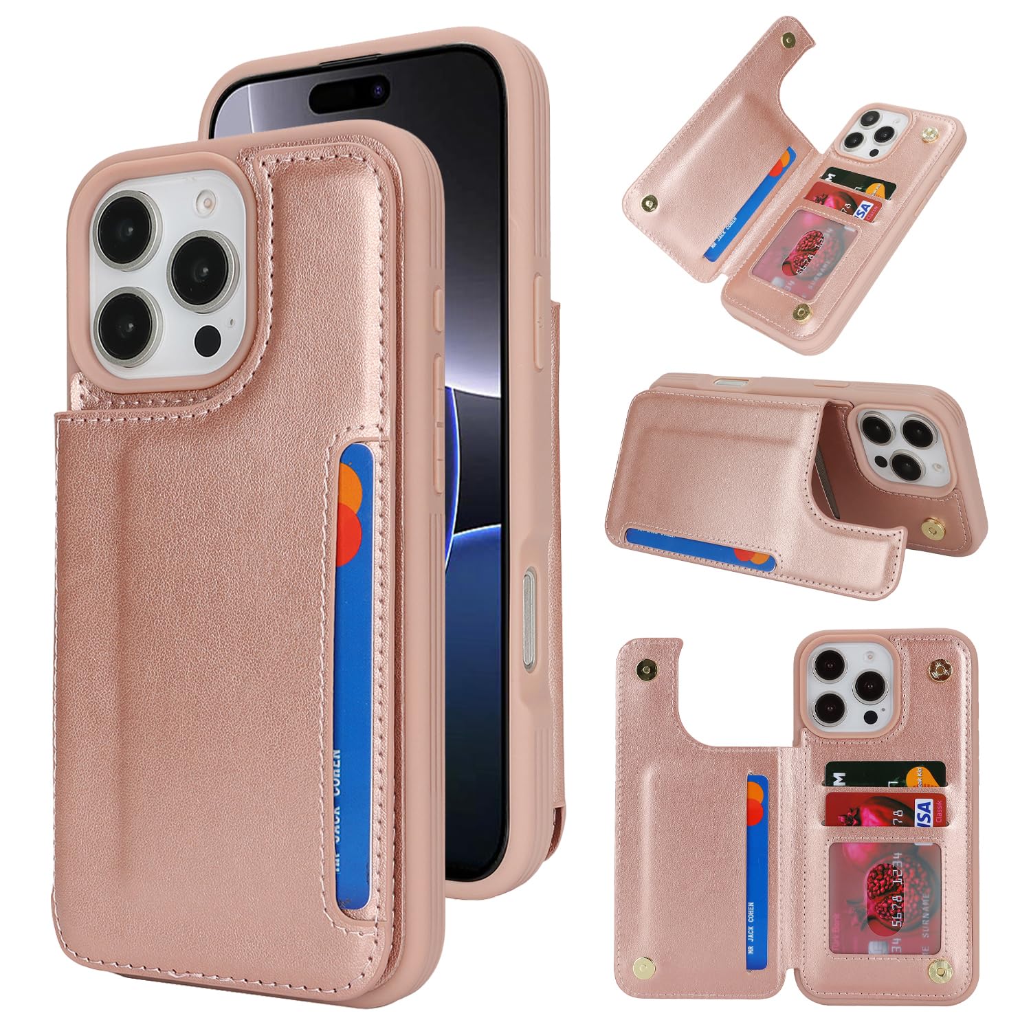 iCoverCase Compatible with iPhone 16 Pro Max Wallet Phone Case with Card Holder for Women Men, [RFID Blocking] Card Slots PU Leather Protective Wallet Case 6.9 Inch (Rose Gold)