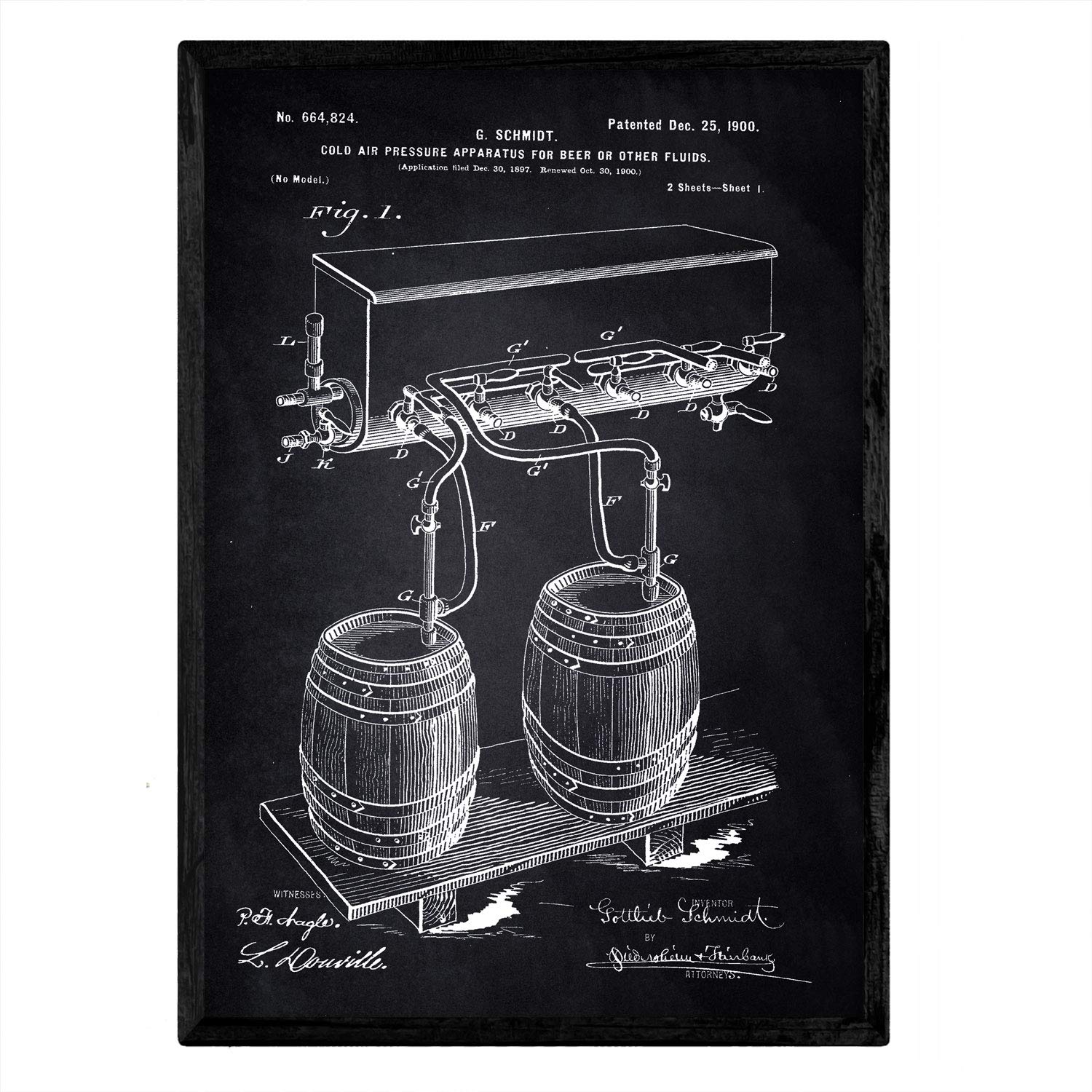 Nacnic Poster patent Pressure beer. Sheet with old design patent A3 size with black background