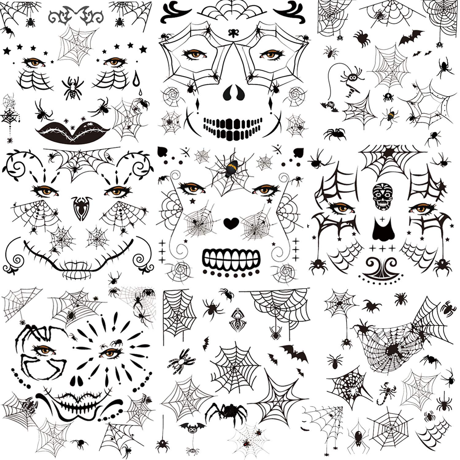 HOWAF 10 Sheets Scary Halloween Face Temporary Tattoos for Women Men, 3D Witch Zombie Makeup Kit Bat Spider Web Tattoos For Adults Halloween Costume Day of the Dead Makeup Face Tattoos