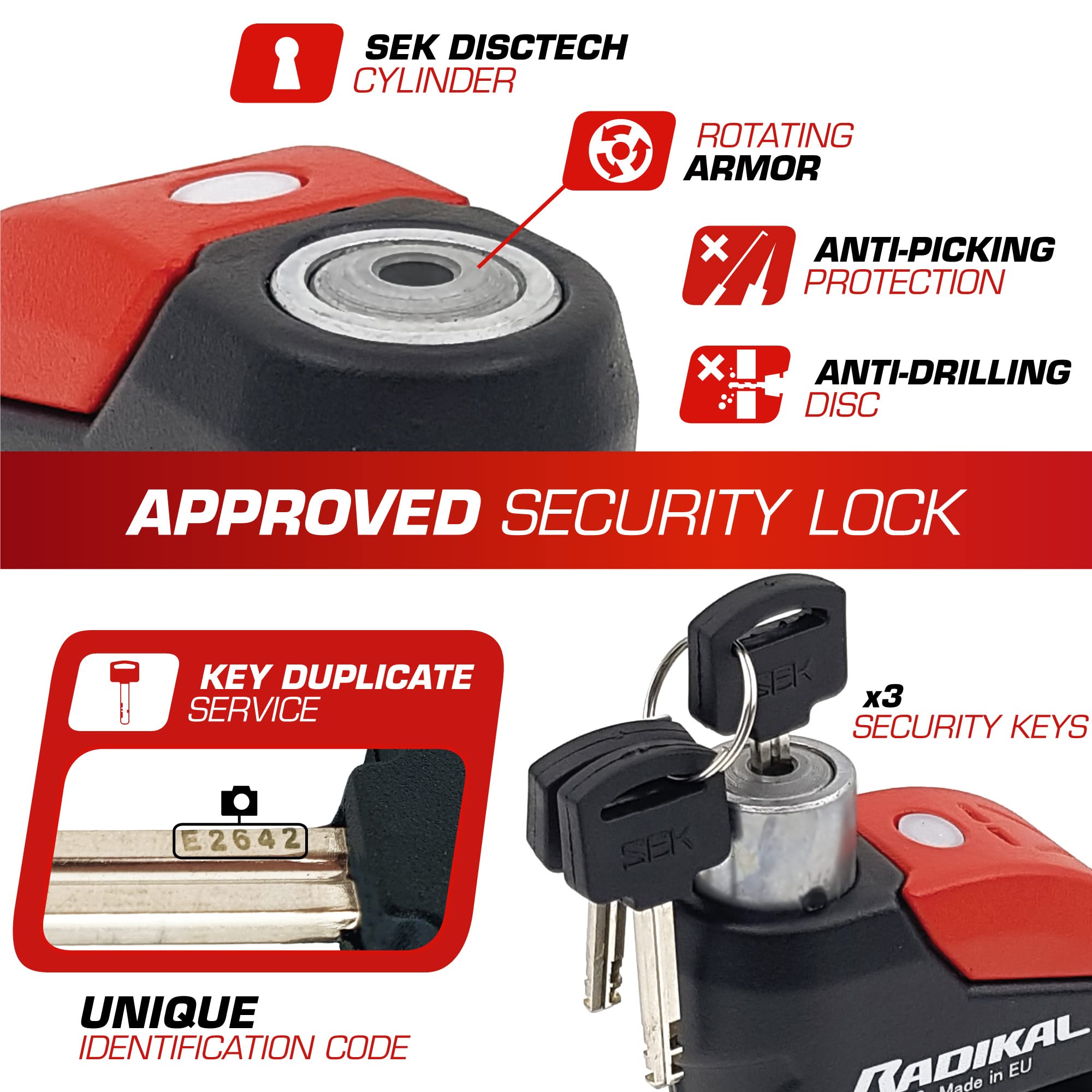 RADIKAL RK10 Premium Motorcycle Alarm Disc Lock 120dB, ON/Off Button Activation Warning LED, SRA Approved, Double Locking 10mm Hardened Steel, High Security Anti Theft Wheel Brake Lock for Motorbike