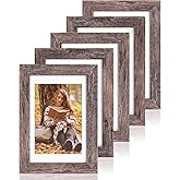 Fixwal 4x6 Picture Frames Set of 5, Rustic Brown Wood Grain with Tempered Real Glass, Vintage Photo Frames for Wall Decor Mounting and Tabletop Display